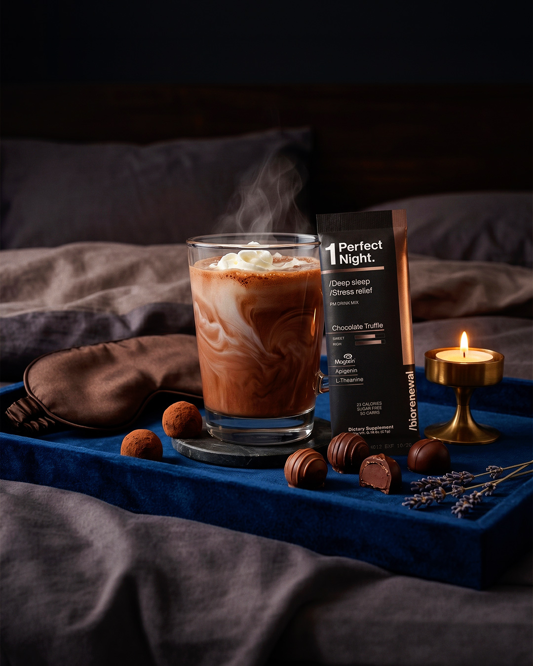 The nightly ritual: mug, sachet, candle