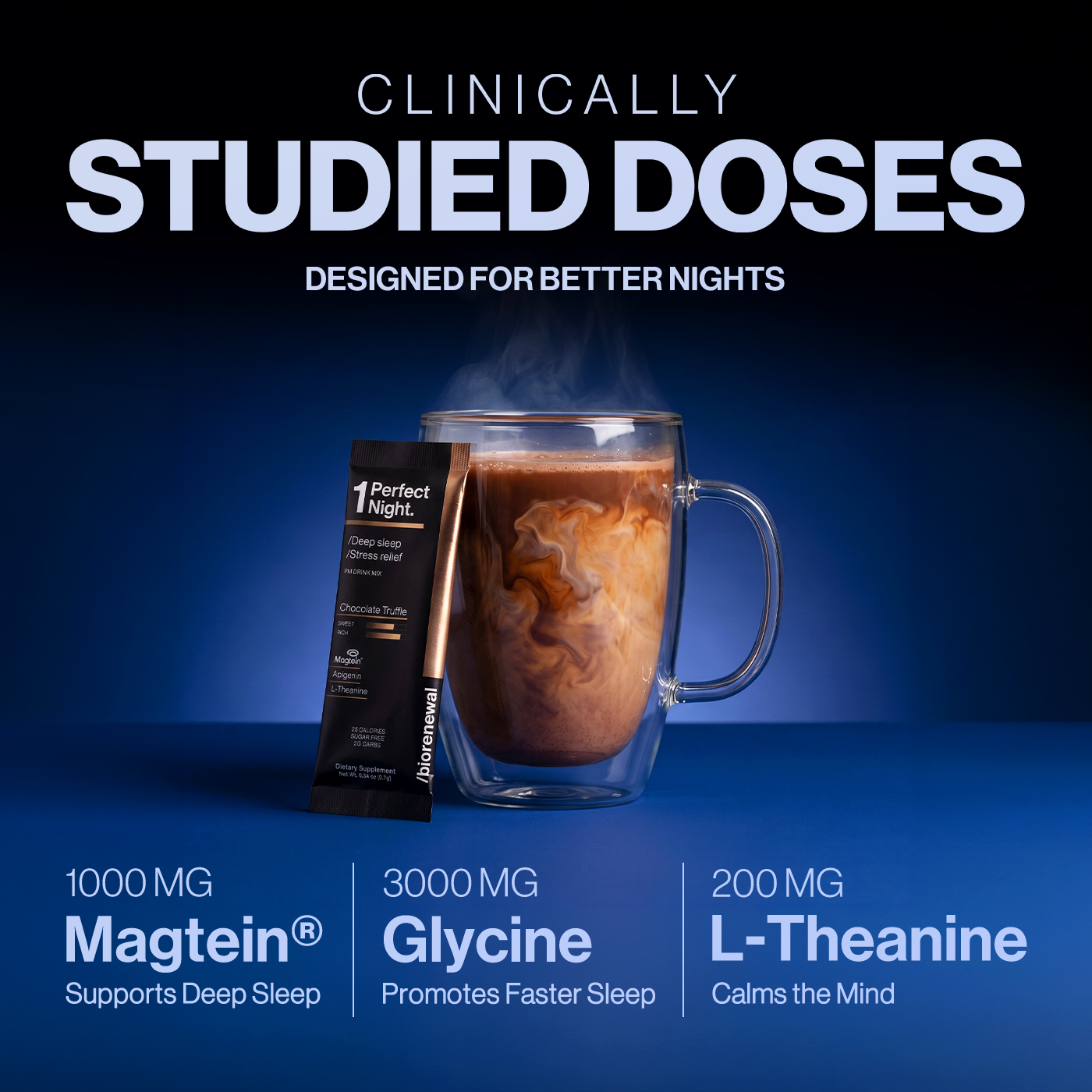 Clinically studied doses: 1000mg Magtein, 3000mg Glycine, 200mg L-Theanine